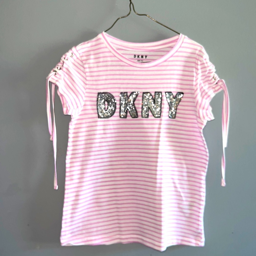 DKNY pink and white glitter shirt with ties at sleeves